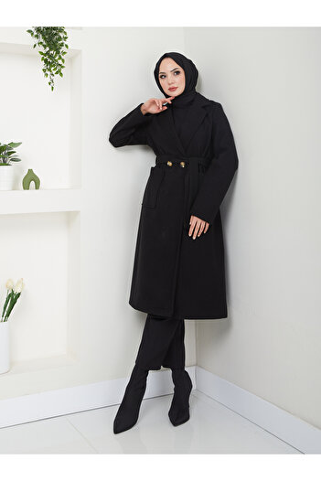 VOLT CLOTHİNG Women's Jacket Collar Buttoned Belted Cashmere Coat