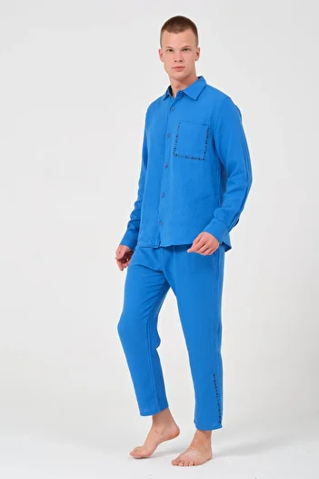 RELAXL Set de pijamale unisex albastru muselină 100% bumbac