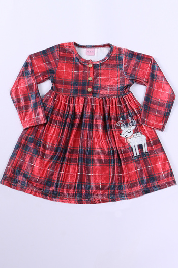 HÇM Velvet Print Long Sleeve Dress for Girls - Deer Embroidery, Yilbashi C40