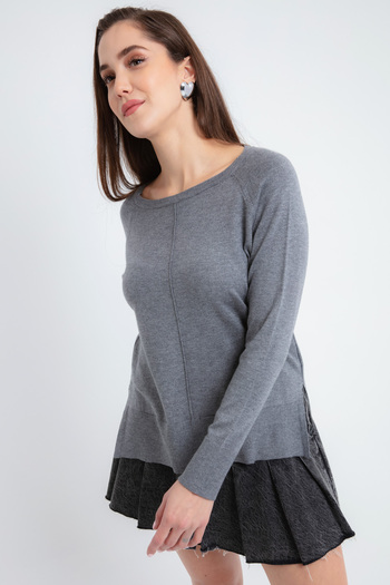 Lafaba Women's Gray Boat Neck Sweater with Side Slits