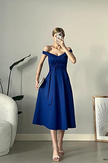 Deafox Saks Blue Scuba Fabric Madonna galléros öves ruha