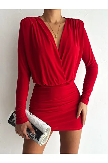 aytenli Padded V-Neck Bottom Tight Top Loose Side Drawstring Detail Long Sleeve Sandy Fabric Mini Dress
