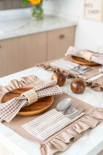 KaiHome 6-Piece 100% Linen - Ruffle Detailed American Service Supla Brown