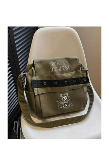 DEEFWEAR Meowtal Cat Khaki Gothic Unisex Bird Eye Stripe Messenger Bag