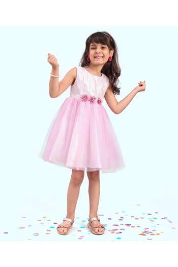 Babyhug Party Frock with Sequin & Flower Applique - Rose