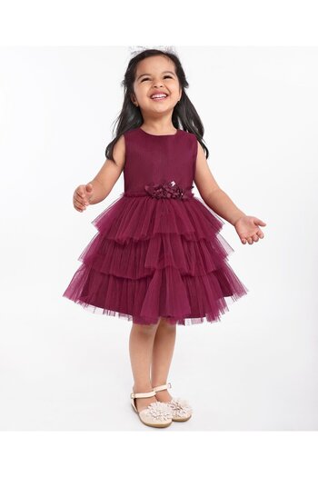 Babyhug Sleeveless Party Wear Layered Frock With Net Detailing & Floral Corsage- Maroon