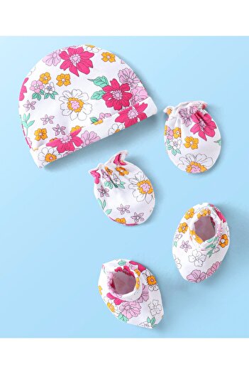 Babyhug 100% Cotton Knit Cap Mittens & Booties With Floral Print White - Diameter 11.5 cm