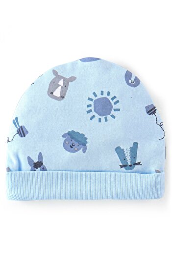 Bonfino Cotton Knit Cap Mittens & Booties Set Rino Print  Blue- Diameter 11.5 cm