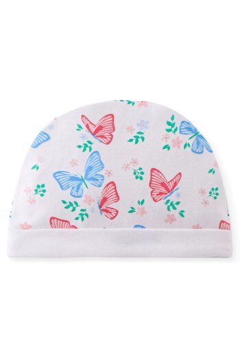 Babyhug 100% Cotton Knit Cap Mittens & Booties With Butterfly Print - White