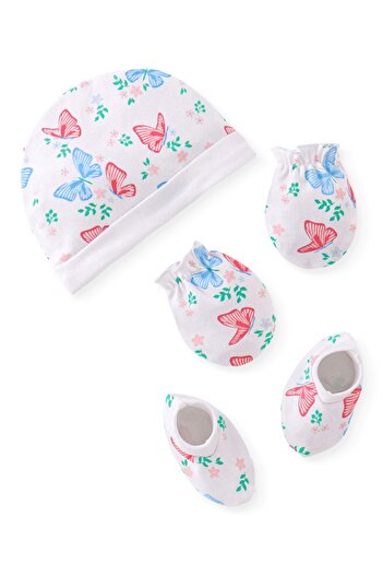 Babyhug 100% Cotton Knit Cap Mittens & Booties With Butterfly Print - White