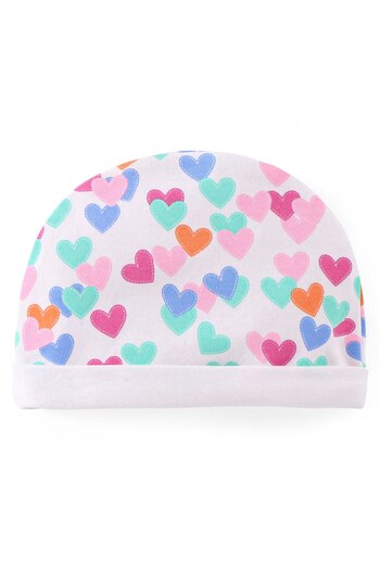 Babyhug 100% Cotton Knit Cap Mittens & Booties With Heart Print - White