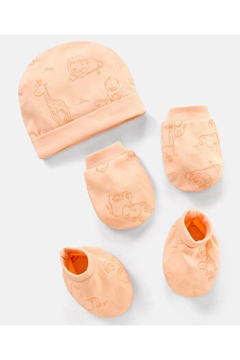 Bonfino - Cap, Mitten, and Booties Set Animal Print - Peach