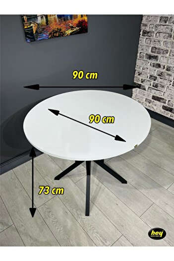 hey modüler mobilya Selin Beyaz Yuvarlak Mutfak Masası Yemek Masası Balkon Masası Metal Siyah Ayak 90 Cm