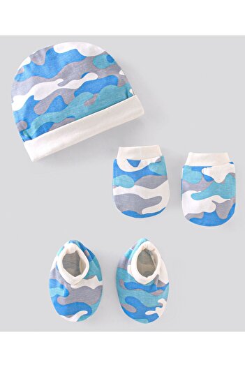 Bonfino Cotton Cap Mitten & Booties Set Wave Print Blue- Diameter 12 cm