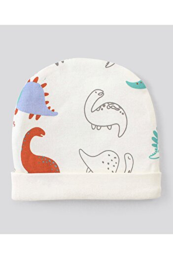Bonfino 100% Knit Cotton Cap Mitten & Booties Set Dino Printed Off White Diameter -12 cm