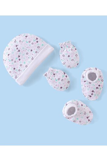 Babyhug 100% Cotton Knit Cap Mittens & Booties Floral Print - White