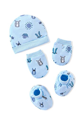 Bonfino Cotton Knit Cap Mittens & Booties Set Rino Print  Blue- Diameter 11.5 cm