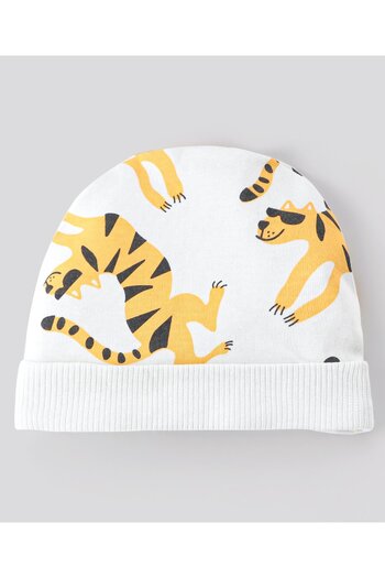 Bonfino 100% Cotton Cap Mittens & Booties Tiger Print - White