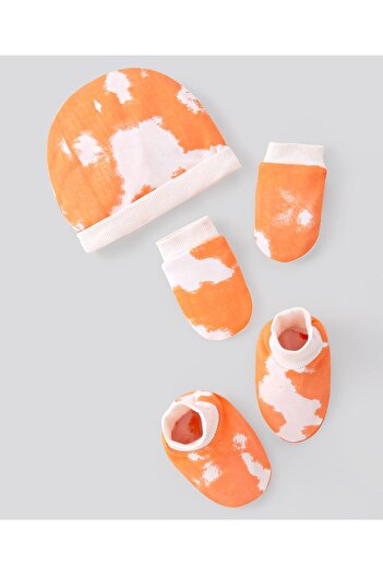 Bonfino 100% Cotton Knit Tie Dye Cap Mittens & Booties Set - Orange & White