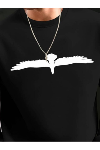 REKA MODA    Men's Long Sleeve Crew Neck Bird Pattern Two Thread Viscose Blouse