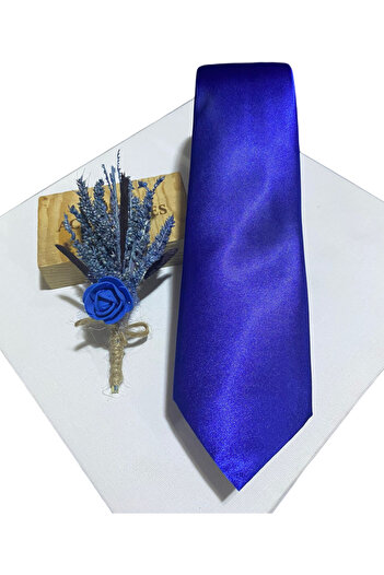 BG TASARIM Blue Satin Tie Pocket Handkerchief and Boutonniere Set