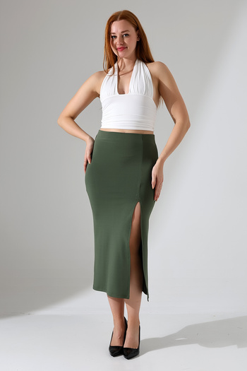winmoda Fusta midi de damă din Lycra - cu fantă în față, material Lycra