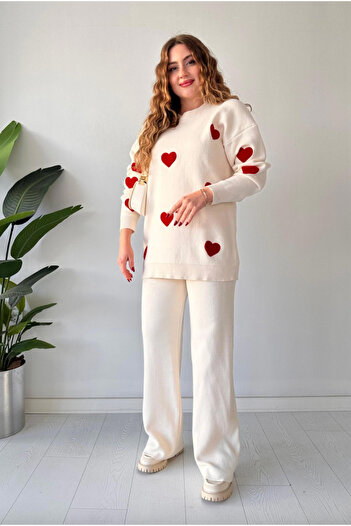 Colina Crew Neck Heart Sweater Pants Knitwear Bottom Top Set