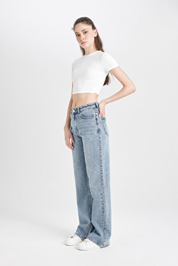 DeFacto Straight Wide High Waist Straight Leg Long Jeans Washed Pants