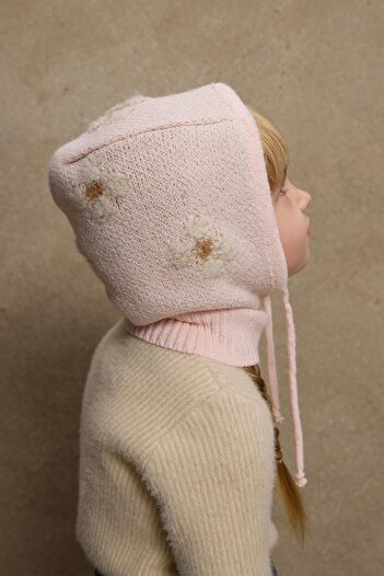 Fahhar Kids Çiçek Örgülü Balaclava Bere Pembe