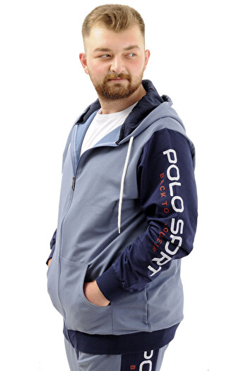 ModeXL Mode Xl Büyük Beden Erkek Eşofman Üstü Fermuarlı Kapüşonlu Sport U24523 Mavi