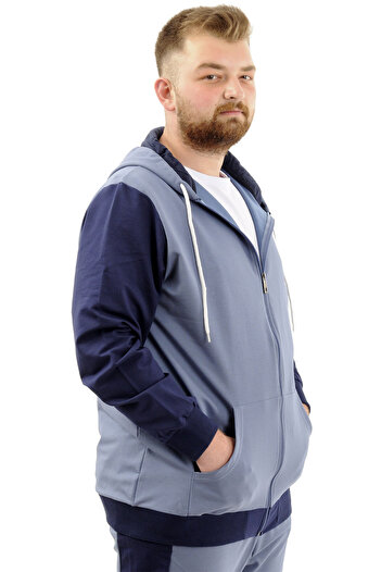 ModeXL Mode Xl Büyük Beden Erkek Eşofman Üstü Fermuarlı Kapüşonlu Sport U24523 Mavi