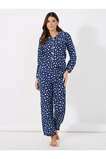 Styli Cotton Linen Star Print Shirt and Pyjama Set