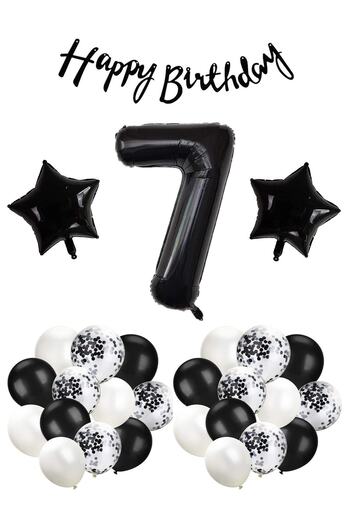 Ezgi Party Store 7 Years Birthday Black Concept Celebration Set - White Black Balloon, Numeral Star Foil and Bann