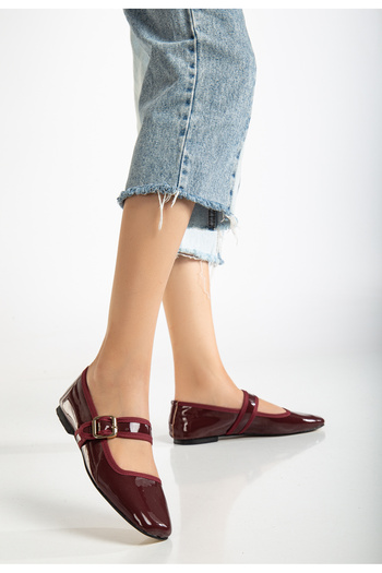 LİLLA Women's Daily Use Burgundy Patent Leather Ballerinas