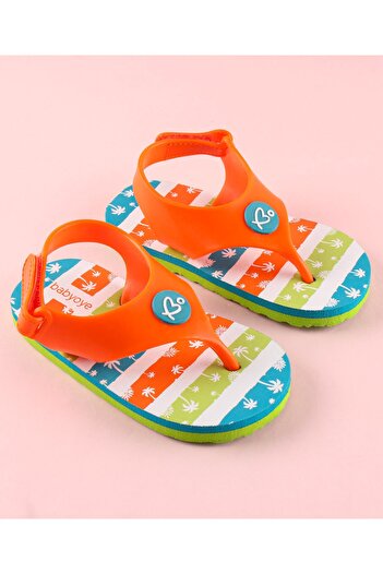 Babyoye Stripe Flip Flops Coconut Tree Print Velcro Closure - Orange