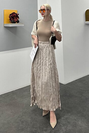 Madmext Stone Color Wrinkled Pattern Midi Length Women's Skirt Mg2266