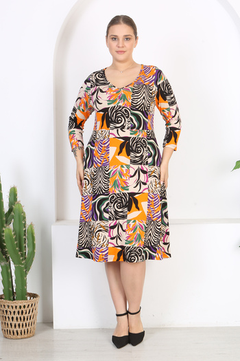 Madwilo Women's Orange Purple Patchwork Pattern Three Quarter Sleeve V Neck Gathered Plus Size Stretchy Dress