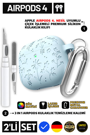 EWEC 4. Nesil Uyumlu Çiçek İşlemeli Premium Silikon Kulaklık Kılıfı ve 3 in 1 Kulaklık Temizleme Kalemi
