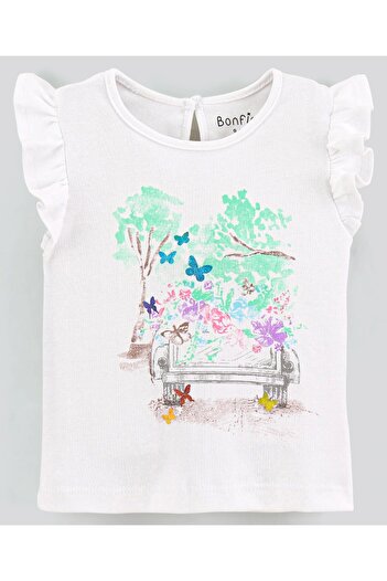 Bonfino Bonfino 100% Cotton Interlock Fabric Frill Sleeve ed T-shirt All Over  Floral Leggings-Off White