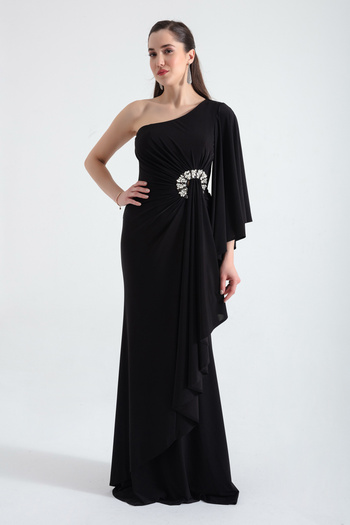 Lafaba Women's Black One Shoulder Stone Detailed Long Evening Dress
