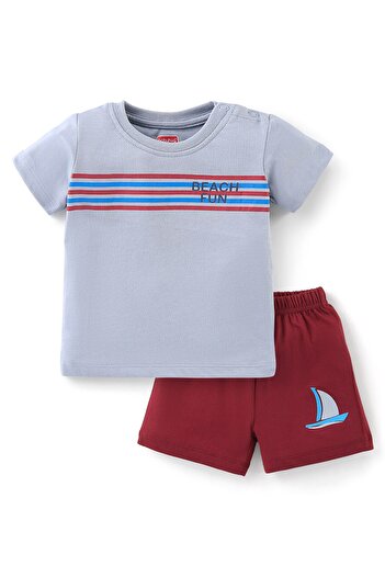 Babyhug Babyhug 100% Cotton Knit Half Sleeves T-Shirt & Shorts With Text Print - Red & Grey