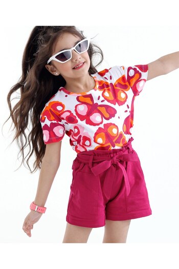 Ollington St. Ollington St. 100% Cotton Butterfly Print Top & Paperbag Shorts Self Fabric Belt -White & Maroon
