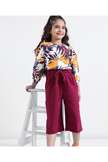 Ollington St. Ollington St. Off-Shoulder Full Sleeves Top & Culottes Set - White & Wine