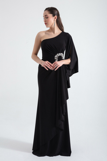 Lafaba Women's Black One Shoulder Stone Detailed Long Evening Dress