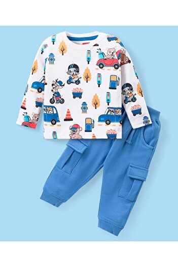 Babyhug Babyhug Cotton Knit Full Sleeves Animals & Cars Printed T-Shirt & Jogger Pants Set - White & Blue