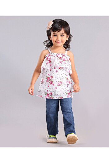 Babyhug Babyhug Sleeveless Top And Jeans Set Floral Print - Multicolor