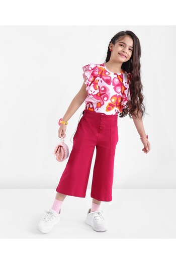 Ollington St. Ollington St. 100% Cotton Knit Frill Sleeves Top & Culottes Butterfly Print - White & Purple