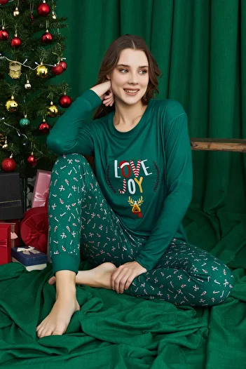 ELİTOL Green Love Joy Christmas Patterned Luxury Thermal Women's Pajamas Set