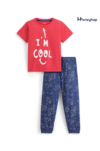 Honeyhap Honeyhap Premium 100% Cotton Half Sleeve Single Night Suit Space Theme-High Risk R& Navy Peony