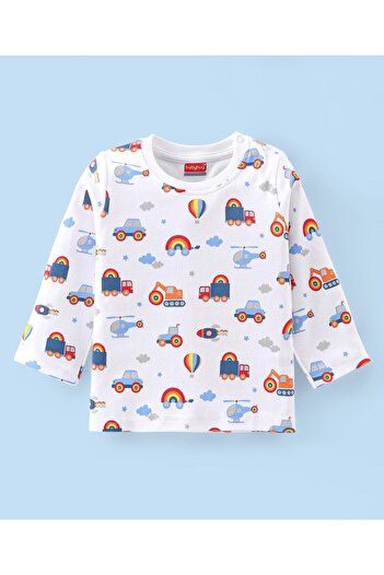 Babyhug Babyhug Cotton Knit Full Sleeves Night Suit/Co/ord Set With Vehicle Print - White
